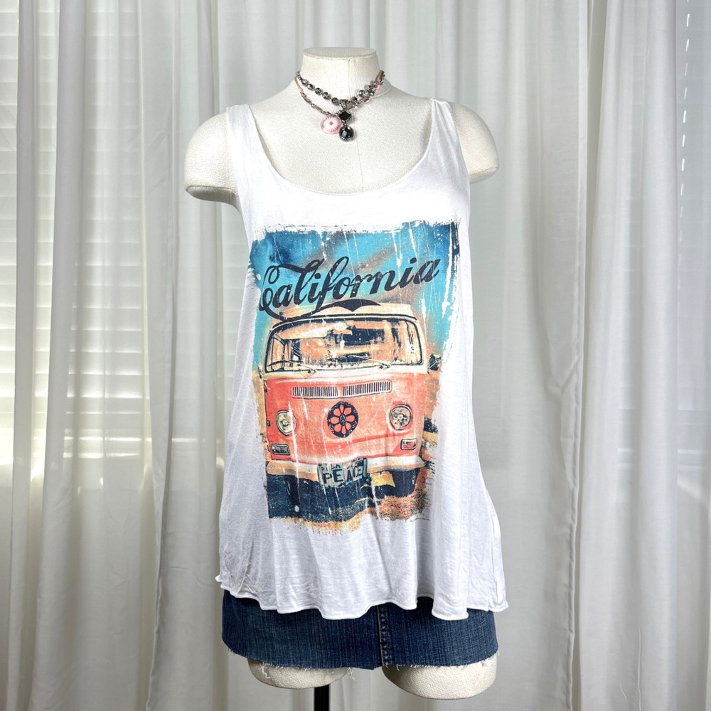 Womens Large White California VW Bus Graphic Drop Armhole Muscle Tank Boho Retro
